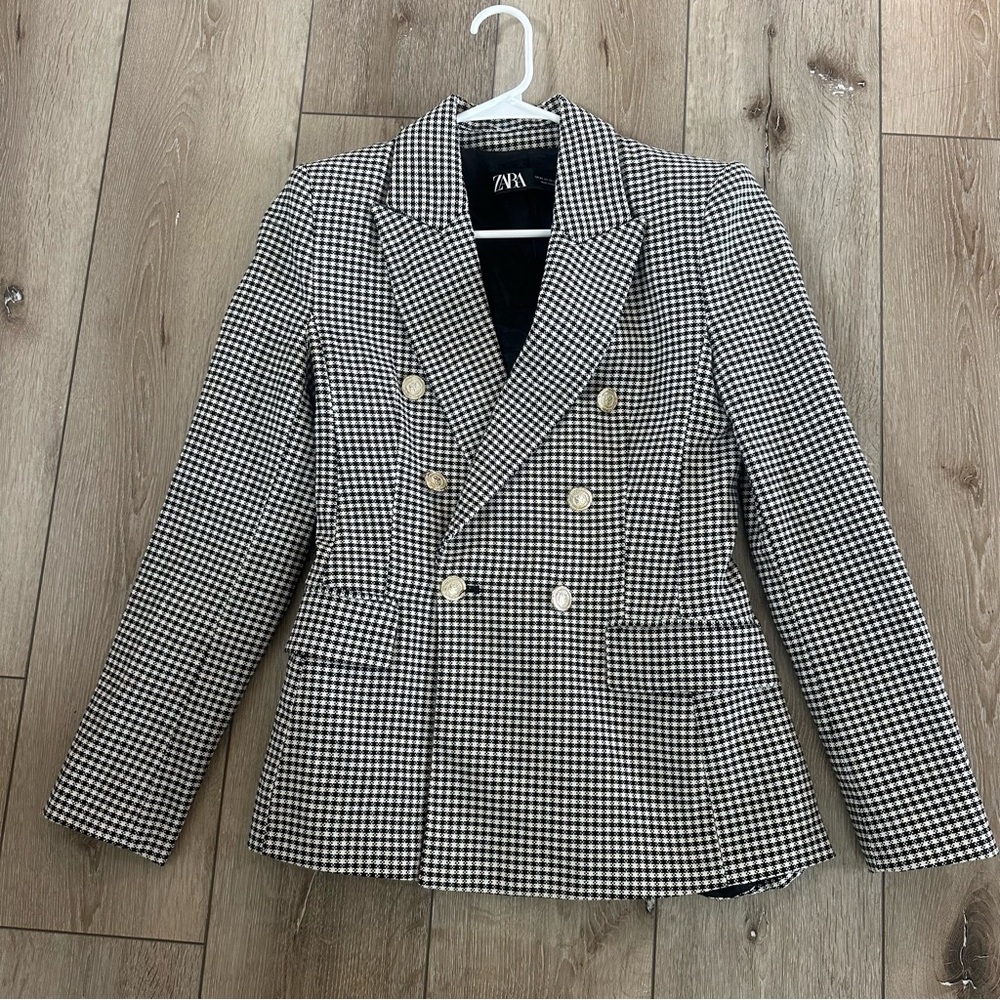 Zara Plaid Gingham Blazer with Gold Buttons Black and White Top Fall Jacket XS